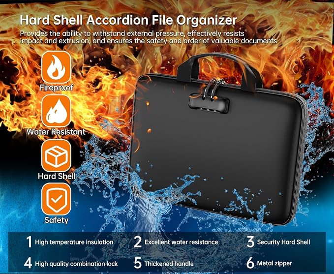 Tamfile Fireproof File Organizer with Lock,Hard Case Fireproof Document Box | 13 Colour Pockets Accordion File Folder, Office Home Important Document Organizer for Letter A4 Files Laptop Passports,Black - Image 7