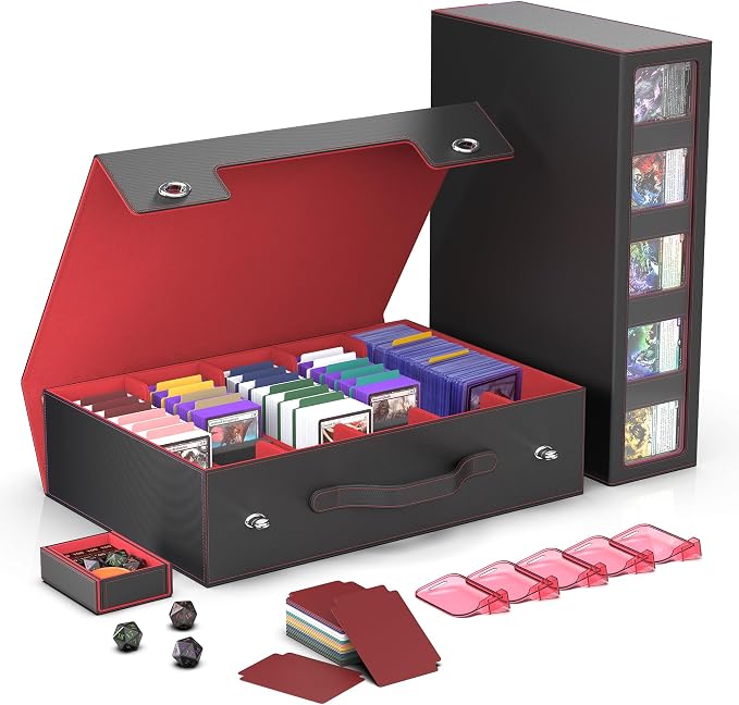 Kabinka MTG Card Storage Box with Handle & Mechanical Latch,5-Row 3900+ Commander Trading Card Case with Sealed Display Window,Top Loaders Organizer Deck Box for MTG/TCG/PTCG/Sports Cards (Black Red) by Kabinka