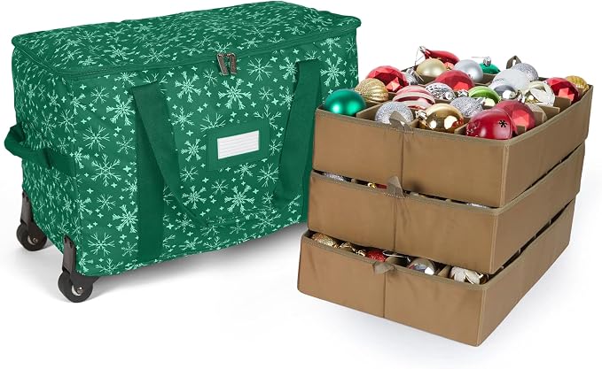 Covermates Keepsakes Rolling Adjustable Ornament Storage Bag – Heavy-Duty Polyester, FlexGrid Trays & Padded Dividers – Protective Holiday Organizer with Wheels, Handles & ID Window, Green Snowflake by Covermates