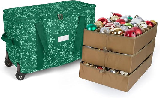 Covermates Keepsakes Rolling Adjustable Ornament Storage Bag – Heavy-Duty Polyester, FlexGrid Trays & Padded Dividers – Protective Holiday Organizer with Wheels, Handles & ID Window, Green Snowflake by Covermates