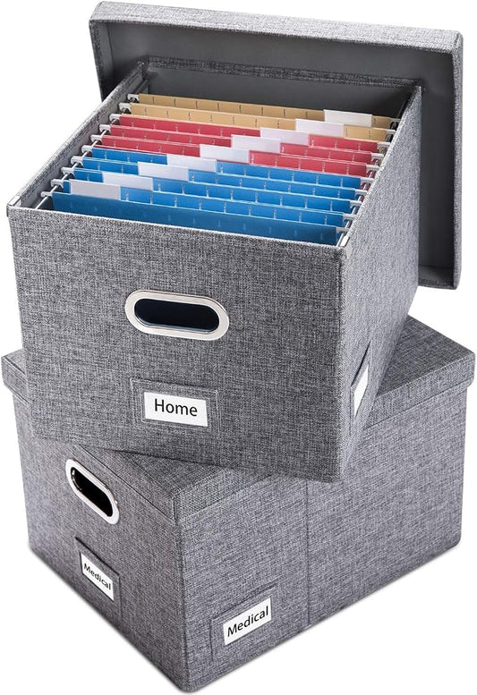 File Organizer Box - Set of 2 Collapsible Decorative Linen Filing Storage Hanging File Folders with Lids Office Cabinet Letter/Legal Size Grey (17x14x11.2 inch) by Prandom