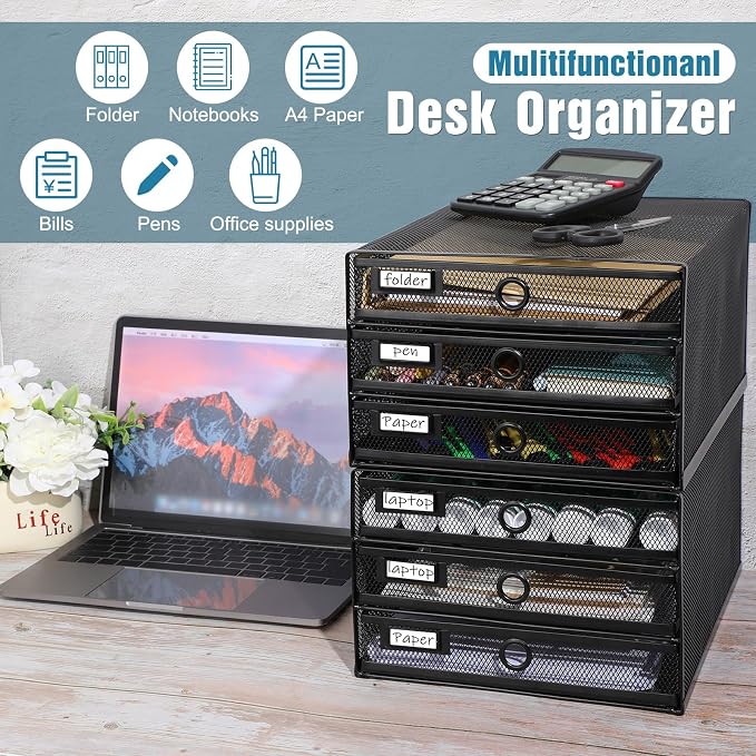Zhanmai 2 Pack Black Desk Organizer with Drawer Total Wire Mesh Storage Tray Multifunctional Paper Sorter File Stand for Home Office Supplies Letter A4 Paper Office Accessories Back to School (3 Tier) - Image 3