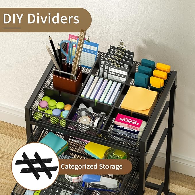 Rolling File Cart with 3 Storage Drawers, Under Desk Filing Cabinet with DIY Divider, Hanging File Folder Organizer on Wheels, Fits A4/Letter Size, Metal Utility Cart for Home Office, Black - Image 6