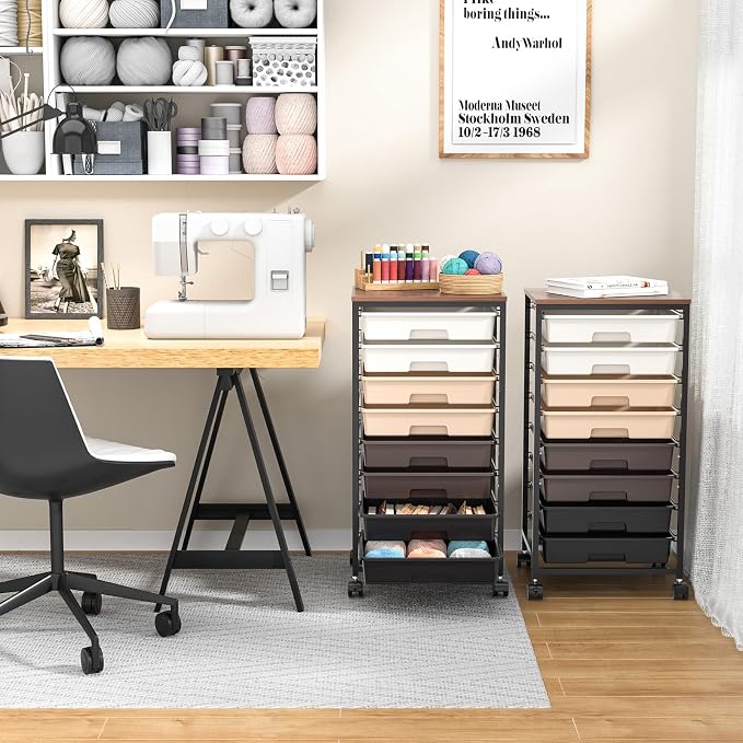 SYKIARIOL Rolling Cart with Drawers, 8 Drawers Utility Cart, Brown Gradient | Craft Organizers and Storage Cart with Wooden Top for Living Room,Classroom,Bedroom,Dorm,Home Office - Image 9