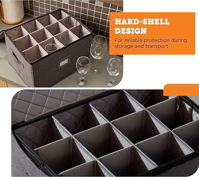 Wine Glass Storage Case | Hard Shell Felt Dividers | Gray | Hard Shell Case Holds 12 Wine Glasses In 4x4 Felt Compartments. Stackable, Top-Load, Label Tag. Keeps Stemware Chip-Free. - Image 5