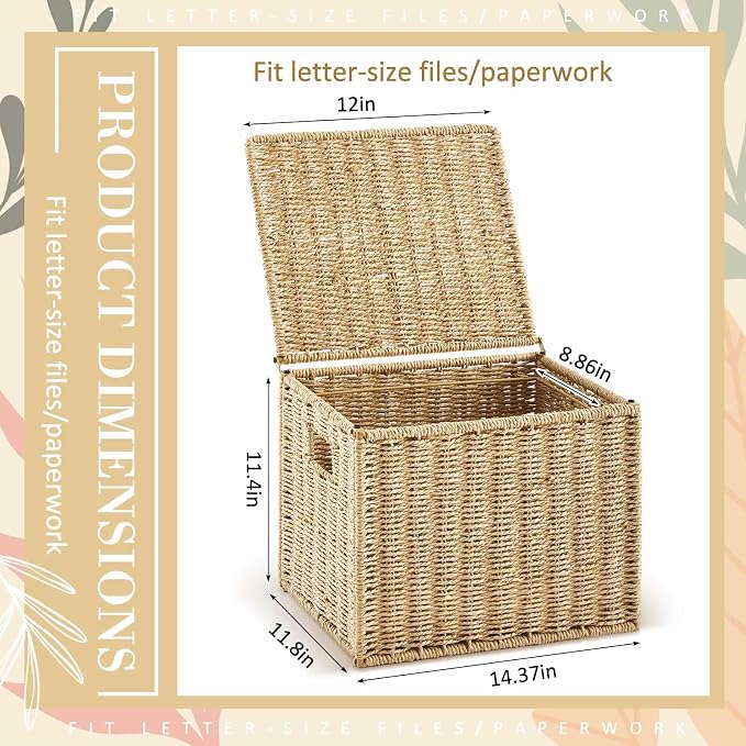 Jingmore 2 Pack Paper Rope File Box Organizers Collapsible Letter Size Filing Cabinet with Lid Woven Hanging File Basket Portable Decorative Document Storage Box for Office/Decor/Home (Letter Size) - Image 2