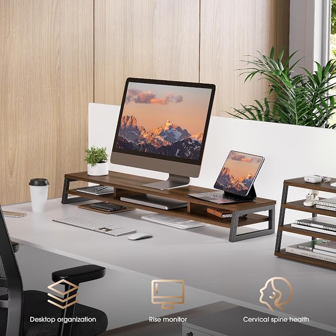 Fenge Dual Monitor Riser for Desk, Open Shelf with 3 Storage Compartments | 42.5in Computer Monitor Stand, 2-Tier Desk Shelf for Top of Desk,One-Piece Panel, fit Ultrawide Monitor, PC, Laptop, Brown - Image 8