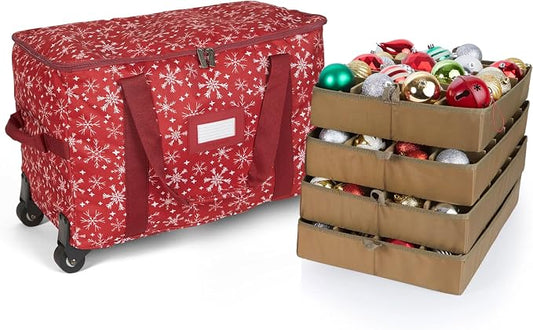 Covermates Keepsakes Rolling Adjustable Ornament Storage Bag – Heavy-Duty Polyester, FlexGrid Trays & Padded Dividers – Protective Holiday Organizer with Wheels, Handles & ID Window, Red Snowflake by Covermates
