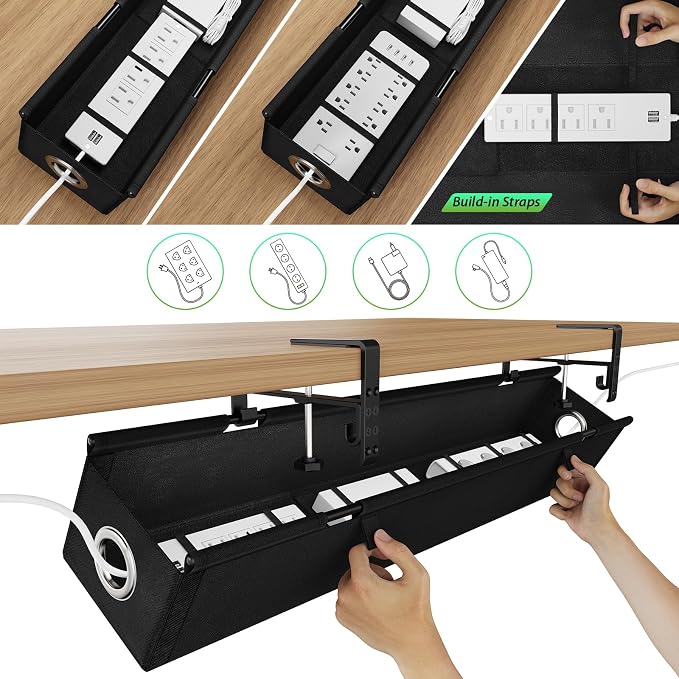 KEEGH Under Desk Cable Management Tray 36", No Drill Cord Organizer, Black | Heavy Duty, Large Capacity, 3-Level Clamp Fit 0"-2.5" Desks, Clamp/Screw Mount, for Home, Office, Gaming, Room, Studio - Image 7