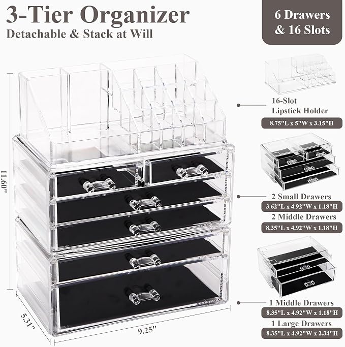 Sea Team 3-Tier Stackable Clear Acrylic Makeup Organizer with Drawers | Cosmetic Display Case, Jewelry Storage Box, 6 Drawers and 1 Lipstick Holder, Ideal for Vanity, Dresser, Bathroom, Countertop - Image 2