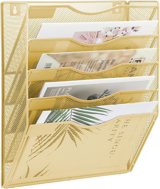 5 Pocket Mesh Hanging Wall File Organizer, Wall Mounted Mail Paper Document Folder Holder, Clipboard Storage Organization Magazine Rack with Nametag Label for Office Home School, Gold by EASEPRES