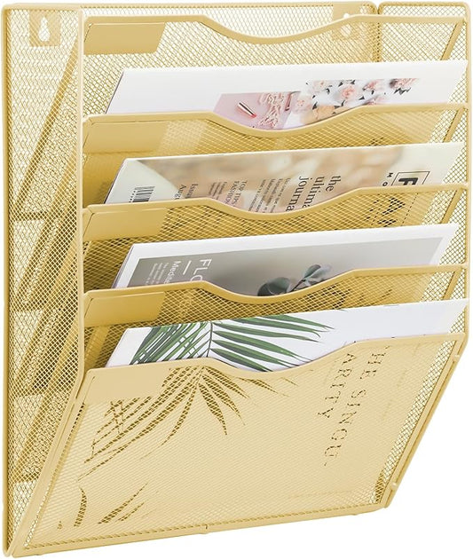 5 Pocket Mesh Hanging Wall File Organizer, Wall Mounted Mail Paper Document Folder Holder, Clipboard Storage Organization Magazine Rack with Nametag Label for Office Home School, Gold by EASEPRES