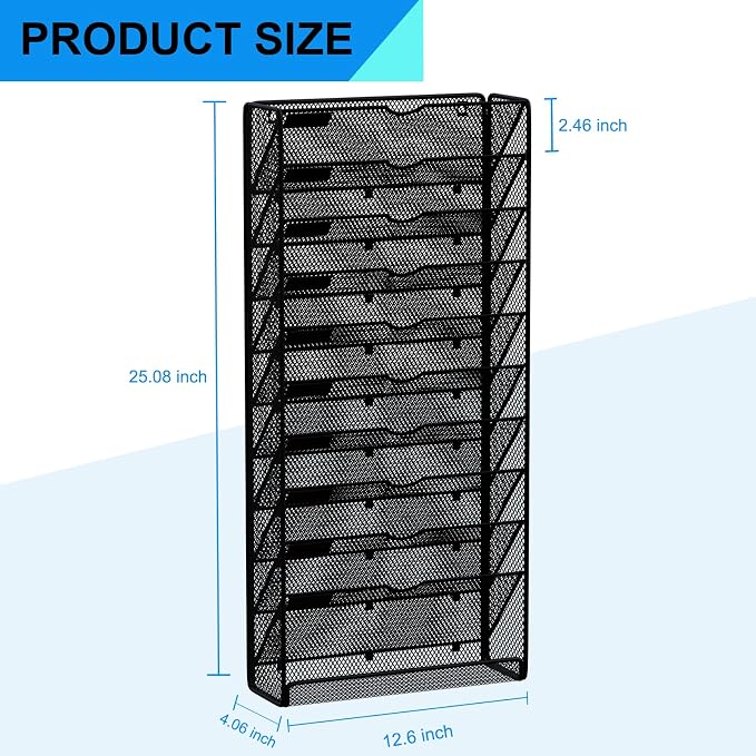 Hanging Wall File Organizer 10 Tier Wall Mounted File Holder Document Wall Organizer Magazine Organization for Office Home, Black - Image 3