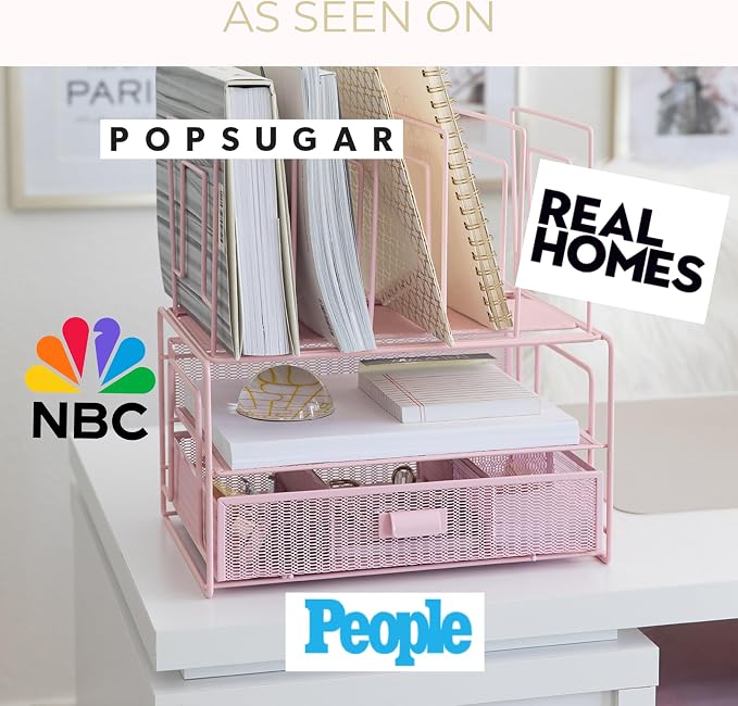 BLU MONACO | Pink Desk Organizer with Drawer | Wire Mesh Desk Organizer File Sorter | Metal Desktop Storage for Office Workspace - Image 5