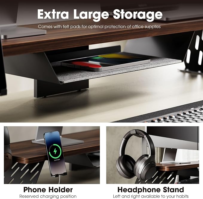 Fenge Dual Monitor Stand, Wooden Desk Shelf with Headphone & Phone Holder | 42.5" Monitor Riser with Storage Shelf, 2-Tier Monitor Shelf with Metal Leg for Home Office Organizer, Brown - Image 3