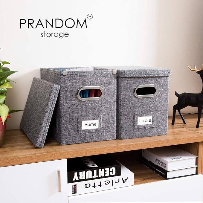 File Organizer Box - Set of 1 Collapsible Decorative Linen Filing Storage Hanging File Folders with Lids Office Cabinet Letter Size Grey (14x9.3x10.8 inch) - Image 2