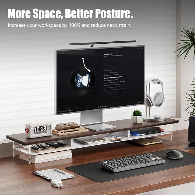 FENSULN Dual‑Tier Monitor Stand for Modern Desk Setup – Minimalist Wooden and Metal Riser Shelf with Transparent Acrylic Feet for Dual Monitors, Laptops, Home Office Aesthetic，Brown and White - Image 3
