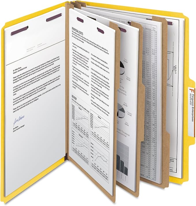 Smead Pressboard Classification File Folder with SafeSHIELD® Fasteners, 3 Dividers, 3" Expansion, Letter Size, Yellow, 10 per Box (14098) (Pack of 1) - Image 11