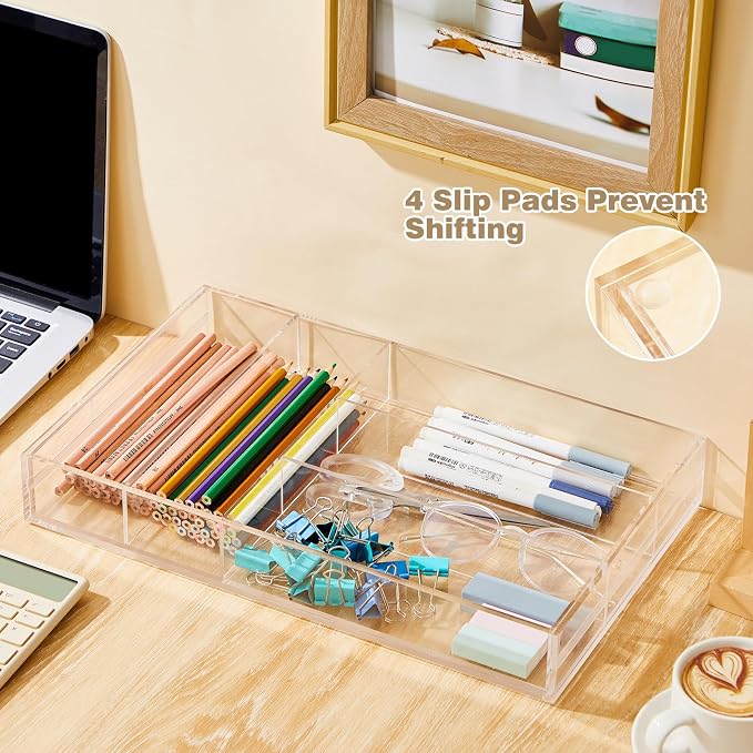 Briwooody 2 Pcs Acrylic Drawer Organizer 9'' up to 18'' x 15'' x 2'' Expandable Drawer Organizer Pens Notebook Ruler Makeup Tray with 7 Adjustable Compartments for Desk Office Kitchen Bathroom(Clear) - Image 5