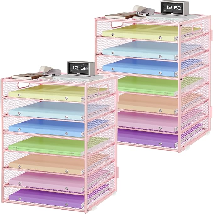Paper Organizer with Handle Metal Mesh File Sorter Large Capacity Desk Organizers Paper Letter Tray Desktop Document Sorter for Office or Home2 Pack 8 Tier Pink Storage for Desk by Unknown