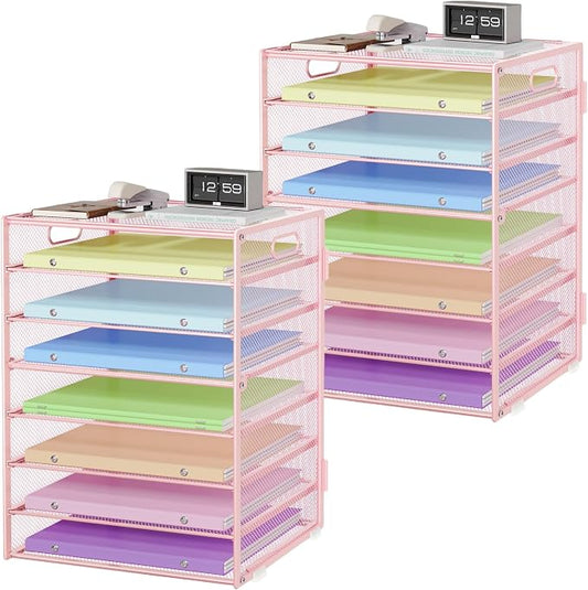 Paper Organizer with Handle Metal Mesh File Sorter Large Capacity Desk Organizers Paper Letter Tray Desktop Document Sorter for Office or Home2 Pack 8 Tier Pink Storage for Desk by Unknown