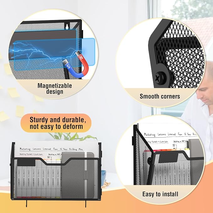 Docnest 6 Pack Dual-Mount Magnetic Mesh File Holders, Wall Organizer | Mount magnets or screws. 2-in-1 hanging mesh mail letter organizer with hooks for office and home clutter - Image 3