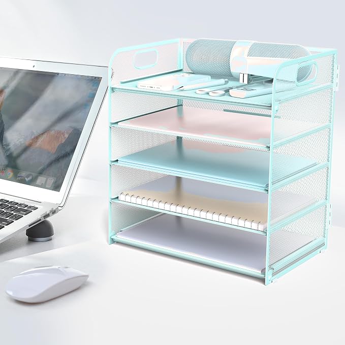 Letter Tray Paper Organizer 5-Tier Desk Organizer File Organizer Paper Holder with Handle, Metal Desktop Document Shelf Tray Office Classroom Organization - Blue - Image 6