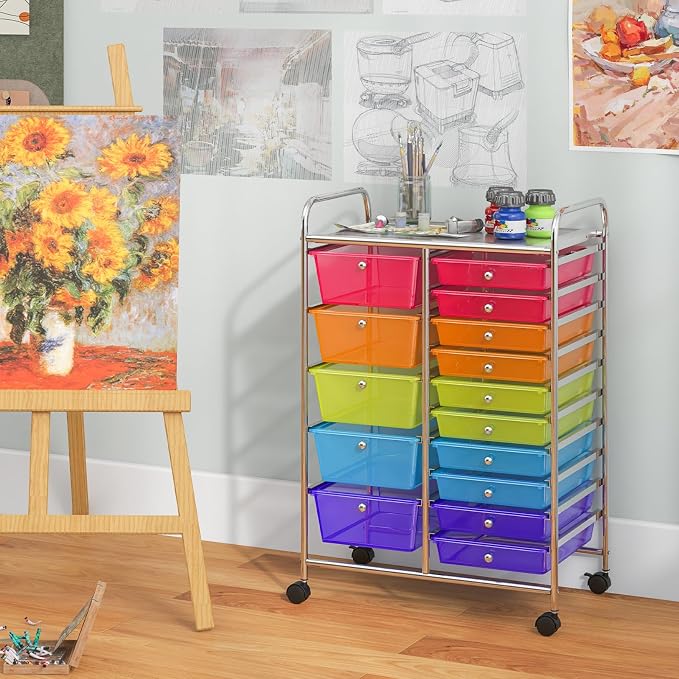 Giantex 15 Drawer Rolling Cart with Drawers, Storage Organizer Cart for Classroom Office School Teacher, Mobile Drawer Cart for Tools, Crafts, Small Printer, Paper (Clear Red+Orange+Green+Blue+Purple) - Image 4