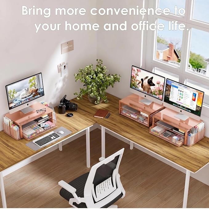 Computer Monitor Stand Riser, Desk Organizer with Drawer, Printer & Laptop Stand, Office Desk Accessories & Workspace Desktop Organizers Storage for Office Supplies(Rose Gold) - Image 7