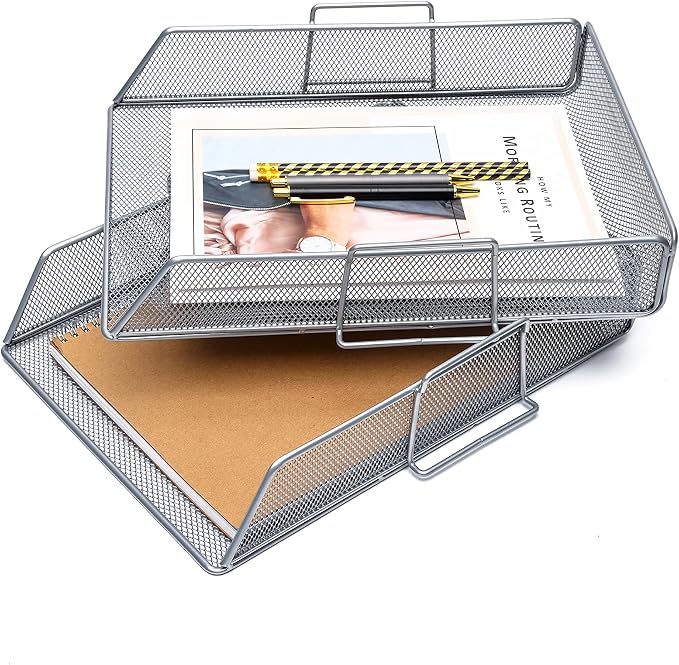 EXERZ Paper Sorter 2pcs Tier Stackable A4 Desk Organiser Letter Tray Silver | Durable Metal Mesh Holds Papers Files Folders Notebooks And Magazines For Office Home Study Classroom Desks - Image 7