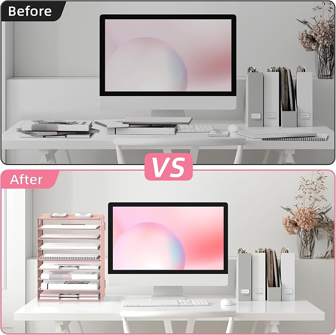 9-Tier Paper Organizer for Desk, Metal Mesh Letter Tray with Handles, Pink | Desk File Organizer with Removable Trays for Sorting Files, Folders, Mail and Printer Paper at Home, School or Office - Image 6