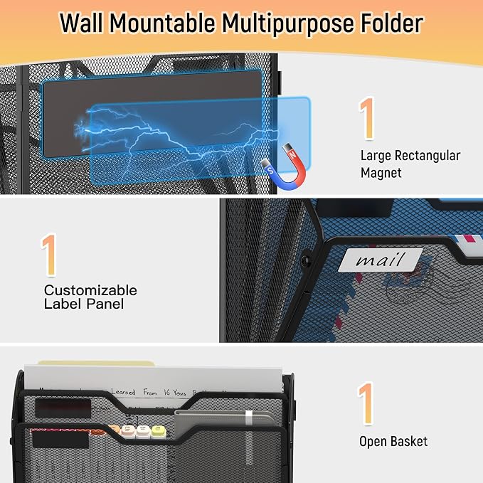 Docnest 3 Pack 3 Tier Dual-Mount Magnetic Mesh File Holders, Wall Organizer | Mount magnets or screws. 2-in-1 hanging mesh mail letter organizer with hooks for office and home clutter - Image 4