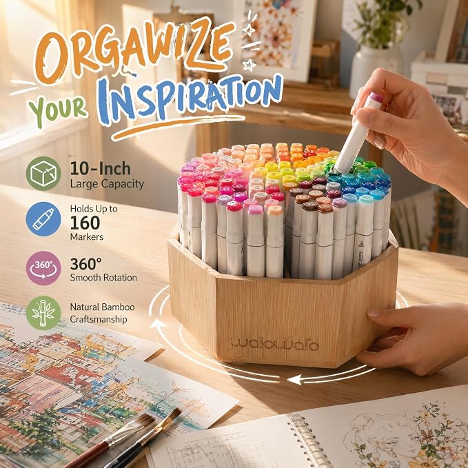 Bamboo Rotating Art Supply Organizer Caddy Holds 800+ Pencils Spinning Crayon 160 Marker Holder Desk Brush Colored Pencil Storage for Office Classroom Organization Stationary (Larger VER) - Image 6