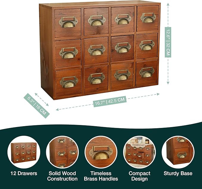 12-Drawer Apothecary Cabinet - Index Card Organizer - Mahogany Wooden Card Catalog - Fits Standard US 3x5in Index Cards - Vintage Desktop Drawer Organizer for Tea, Herbs, and Office Supplies - Image 2