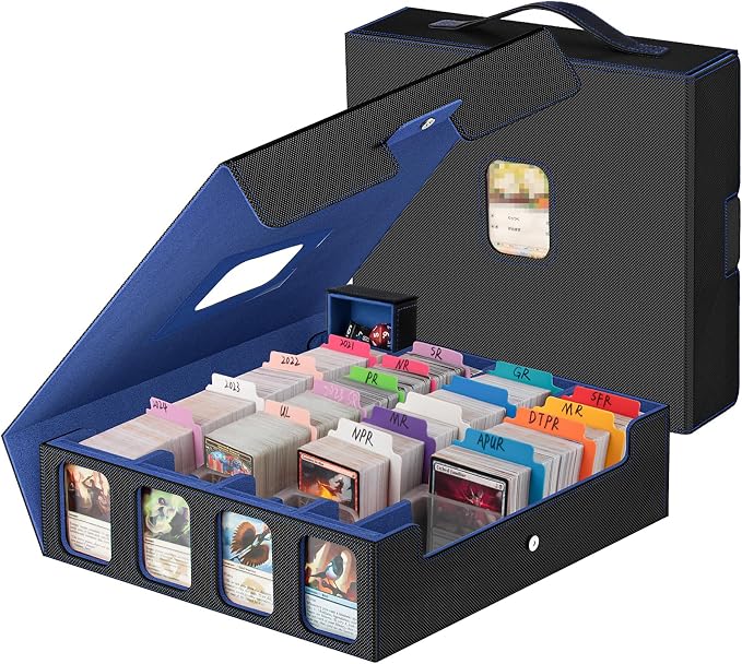 3200+ Trading Card Storage Box with Commander Display, 4-Row TCG Card Box with Portable Handle, Compatible for TCG/MTG/Magic Cards, 30 Colorful Divider, 8 Supporters, US Design Patent (Black&Blue) by Gomyrod