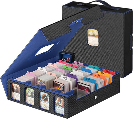 3200+ Trading Card Storage Box with Commander Display, 4-Row TCG Card Box with Portable Handle, Compatible for TCG/MTG/Magic Cards, 30 Colorful Divider, 8 Supporters, US Design Patent (Black&Blue) by Gomyrod