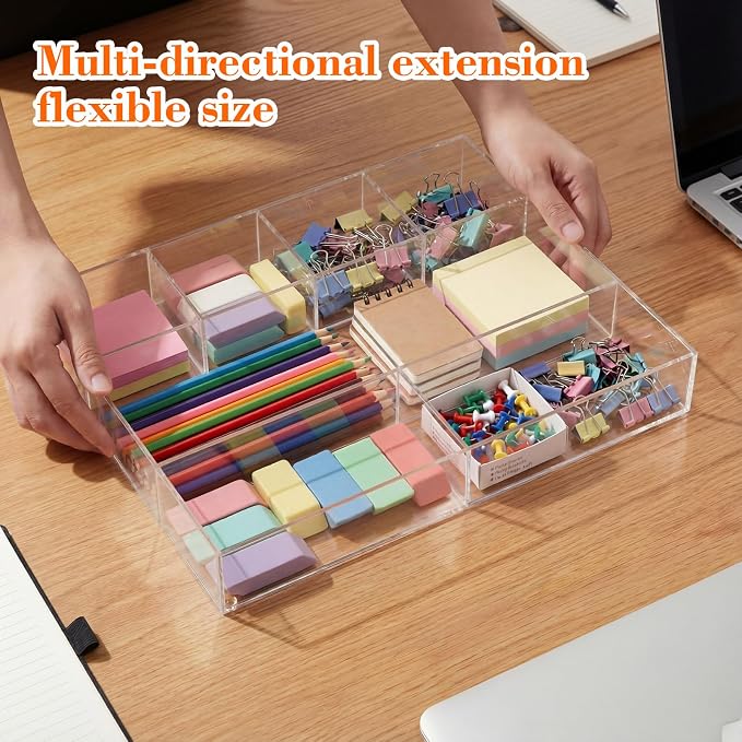 Large Acrylic Desk Deep Drawer Organizer with Adjustable Dividers, Anti-skip Clear Desk Top Junk Drawer Storage Tray for Pens, Desktop, Office, Bathroom, Kitchen, Makeup Supplies(7 Compartments) - Image 3