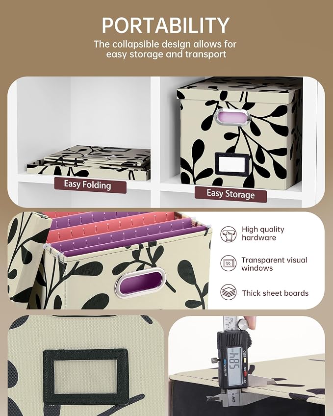 2 Pack File Storage Organizer, Document Organizer, Portable File Box with Lid, Fit for Letter/Legal File Folder Storage,Leaf Black/Cream-Box only - Image 4