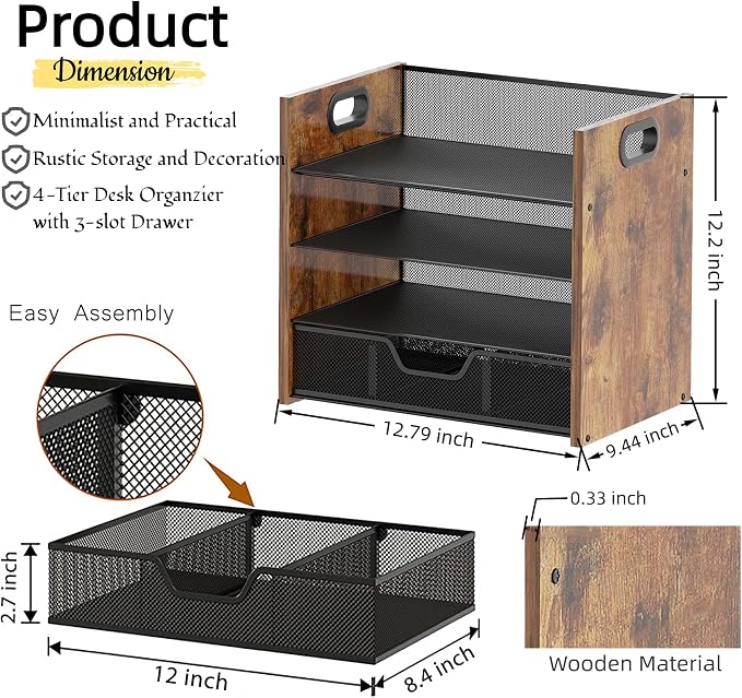 Desk Organizer - 4 Tier Desktop File Organizer with Drawer, Wooden Paper Tray Organizer, Office Desk Accessories Organizer for Papers, Mail, Notebooks, Stationery - Image 3