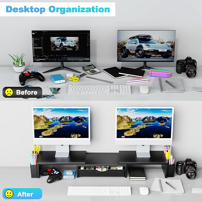 Spacrea Dual Monitor Stand Riser with Drawer and 2 Pen Holders | Monitor Riser Desk Organizers and Accessories,Desk Accessories & Workspace Desktop Organizers for Office Supplies (Black) - Image 3