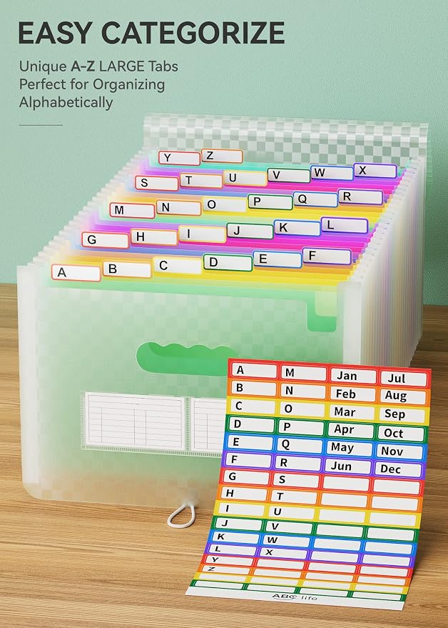 ABC life 26 Pockets Accordion File Organizer, Expanding File Folder, Green | Monthly Bill & Receipt Holder with Colored A-Z Tabs, Portable Folder Organizer for Home Office School, Fits Letter/A4 Size - Image 4