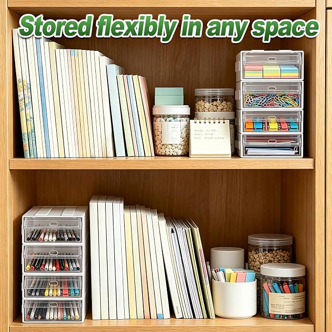 9 Pcs Stacking Office Drawer Organizers - Desktop & Wall Mounted 9 Drawer Storage Closet with 18pcs Clear Dividers Multifunctional Organizer Rack with 9pcs Tag Card for Home Small Items | Track to Lock into Each Other, Stackable without Slipping, 8.7"D... - Image 6