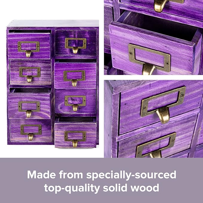 Purple 16-Slot Wooden Drawer Unit - Country Style Desk Organizer Box - 20"x3.6”x14” Wooden Storage Box w/ 16 Drawers - Countertop Drawers w/Label Holder & Handle - Slim 4-Level Organizer - Image 6