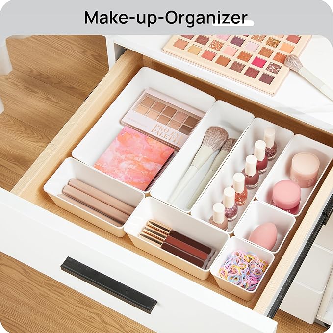 Vtopmart 25 Pack Plastic Drawer Organizers with Non-slip Rubber Pads | 4-Size Versatile Makeup Organizer, Storage Containers Small Bins for Makeup, Jewelries, Bedroom, Kitchen Utensils and Office - Image 4