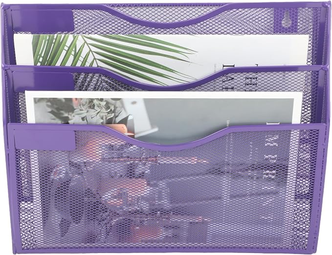 3 Pocket Mesh Hanging Wall File Organizer, Wall Mounted Mail Paper Document Folder Holder, Clipboard Storage Organization Magazine Rack with Nametag Label for Office School Home, Purple - Image 3