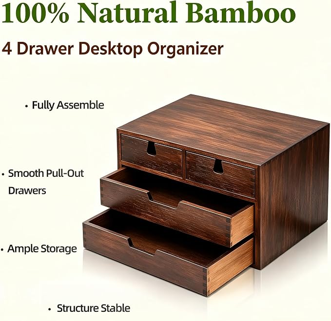 Bamboo Desk Organizer, 100% Natural Bamboo Desktop Drawer Organizer, Dark Brown Tabletop Storage Cabinet Organization Box with 4 Drawer for Makeup, Letter, Home, 3 Layer, Fully Assemble - Image 4
