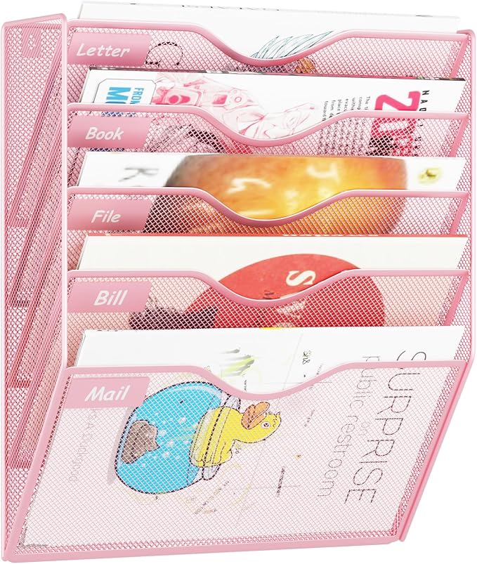 5 Pockets Hanging Wall File Organizer Mail Holder, Wall Mounted Paper Document Folder Holder, Clipboard Storage Organization Magazine Rack, Pink by GDINDINFAN