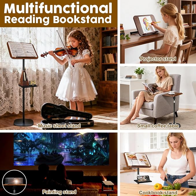 2 in 1 Dual-use Music Stand & Desktop Book Stand, Adjustable Height 16.5"-51", 100% Solid Wood Laptop Floor Stand Book Holder with Elastic Page Clips for Cookbooks (Black Walnut with Tray) - Image 4