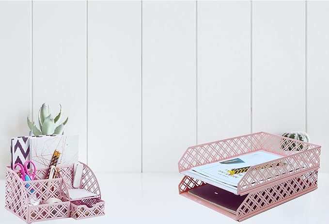 Exerz Letter Trays 2pcs Stackable Paper Sorter/Desk Organiser/File Tray for Desk - Wire Mesh Metal File Rack - Office, School, Home Study (Light Pink) - Image 8