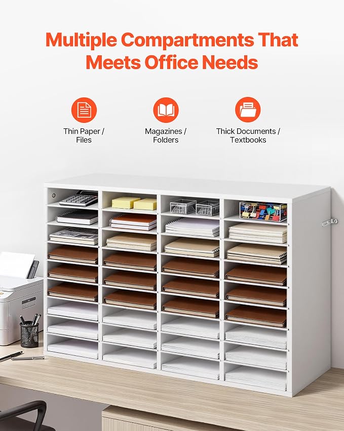 VEVOR Literature Organizer, 36 Compartments Office Mailbox with Detachable Shelves, Wooden Mailbox Sorter with Particle Board, Countertop Office Home Storage Organizer for File, Document, Paper, White - Image 5